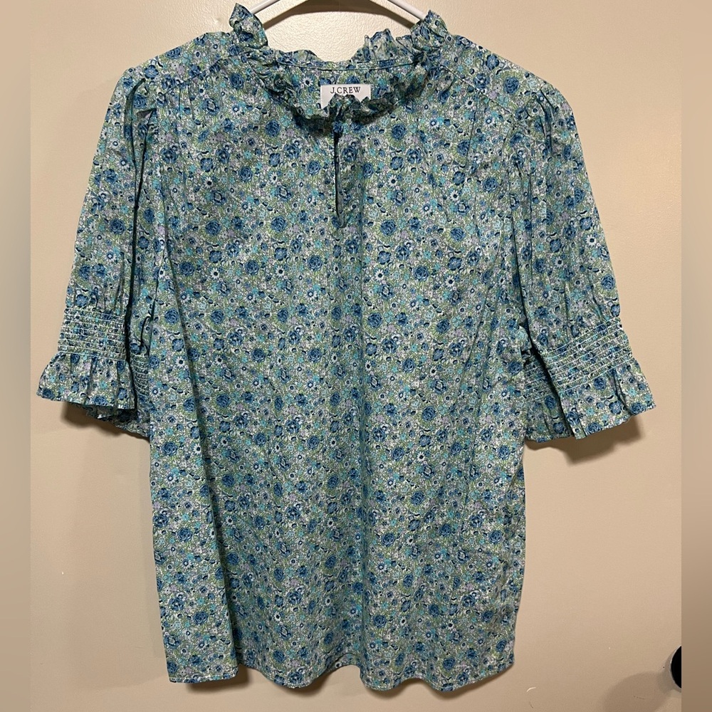 J. Crew Ruffle Trim Short Puff Sleeve Liberty Blue Floral Blouse  size XL